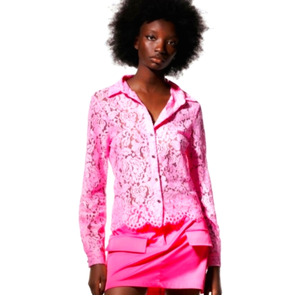 Zara Pink Lace Button-Up Blouse